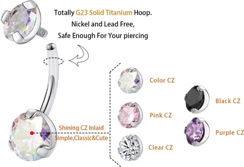 Vista 3 de PEAKLINK Piercing de ombligo de titanio de 0.45 oz, joyería para el ombligo, barra de ombligo roscada internamente con doble circonita cúbica