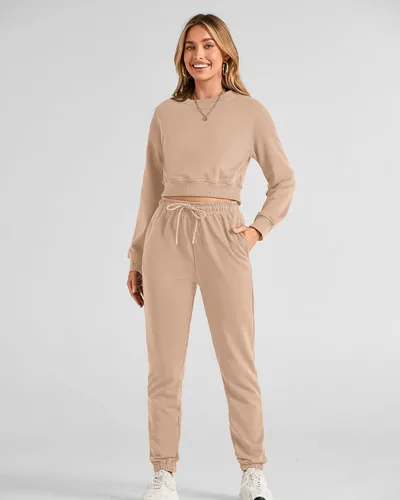Vista 68 de BTFBM Conjunto deportivo de 2 piezas para mujer, camiseta corta de manga larga, sin botones, pantalón con cordón ajustable, pantalones deportivos