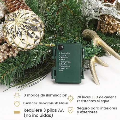 Vista 5 de Guirnalda de Navidad con luces, oro champán de 6 pies, 20 luces LED, guirnalda de Navidad preiluminada con adornos de bolas, cintas, conos de pino