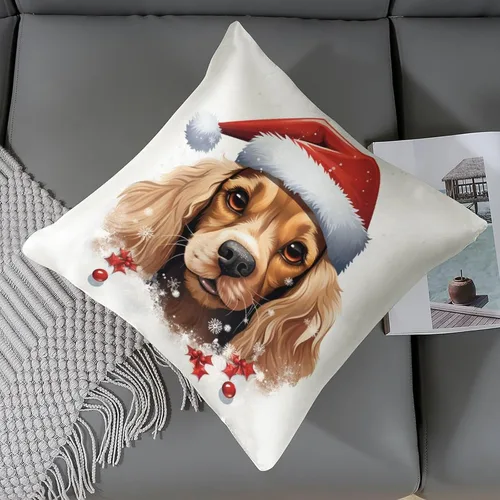 Vista 6 de Divertidas fundas de almohada de satén de Navidad con diseño de perro y cocker spaniel con gorro de Papá Noel, copos de nieve, decoración