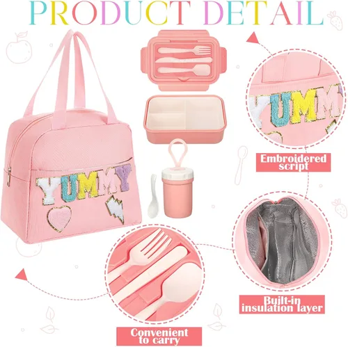 Vista 3 de Dandat Bolsa de almuerzo preppy para mujeres y niñas, bolsa de almuerzo rosa con compartimentos y taza de sopa para niñas, adultos, adolescentes