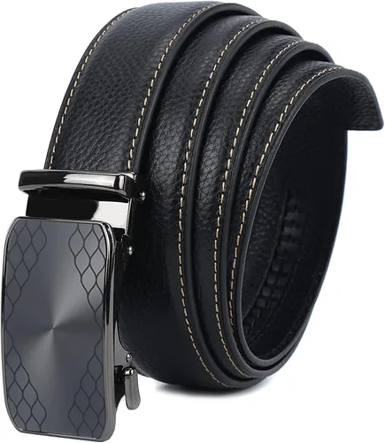 Vista 2 de iCuviy Cinturones de vestir de cuero genuino con trinquete deslizante para hombres, adecuados para el trabajo, negocios, cinturón de hebilla
