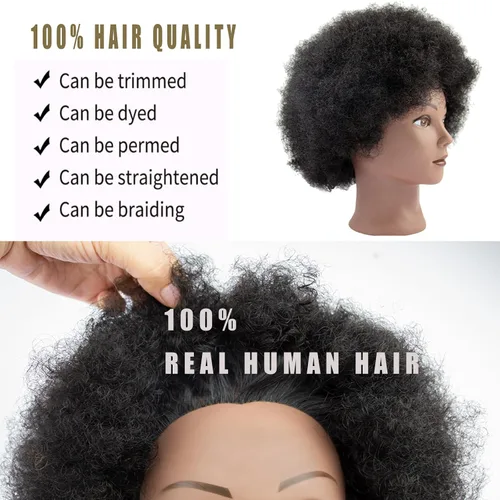 Vista 2 de Cabeza de maniquí afro rizado 100% cabello humano real, (10 pulgadas) negro para trenzado manual, práctica de peinado, peluquería, escuela, maniquí