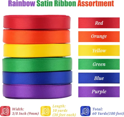 Vista 2 de Cinta de satén arco iris multicolor de 3/8 pulgadas, surtido de 6 rollos de cinta delgada de arco iris para envolver, tarjeta de invitación, Arco