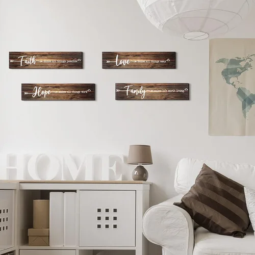 Vista 5 de 4 letreros de madera rústica con texto en inglés «Faith Love Hope», «Make All Things Possible», «Easy Work Living» para decoración de pared