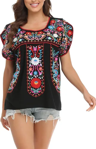 Vista 2 de YZXDORWJ Blusa de verano para mujer, estilo bohemio, estilo mexicano, con bordado, estilo bohemio
