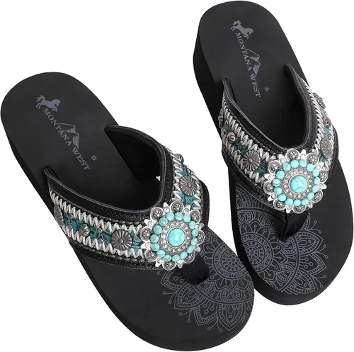 Vista 5 de Montana West Chanclas patrióticas para mujer sandalias de cuña Western Concho