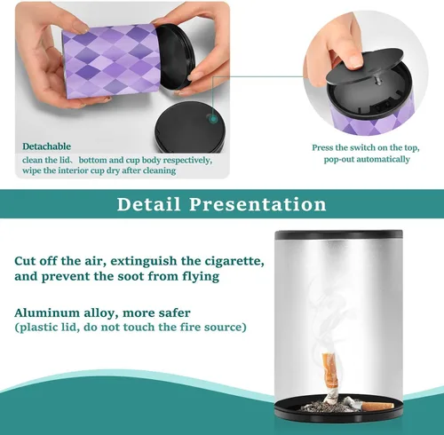 Vista 4 de Ceniceros portátiles a cuadros morados profundos para cigarrillos con tapa, a prueba de olores, de acero inoxidable, portátil, sin humo, mini bote