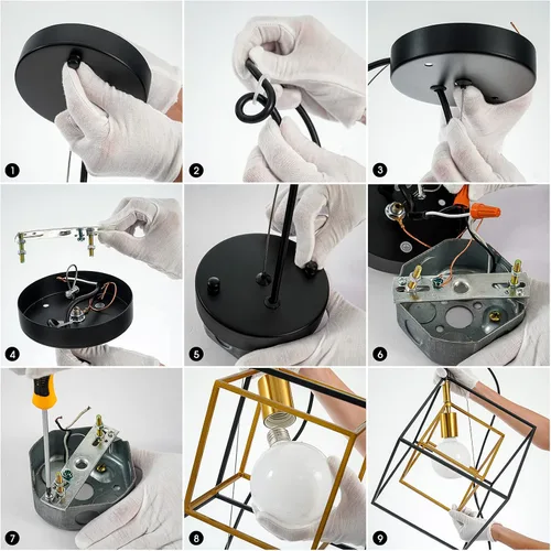 Vista 8 de Lámpara de araña geométrica moderna, lámpara colgante de metal con 1 luz, lámpara de techo colgante de latón negro, iluminación industrial de cubo