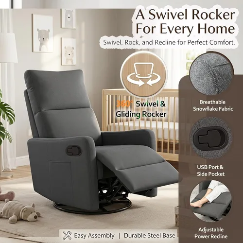 Vista 5 de Silla reclinable giratoria, mecedora manual para cuarto de bebé Gris oscuro