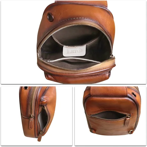 Vista 7 de LRTO Bolso bandolera pequeño de cuero genuino para mujeres y hombres, bolsa cruzada para el pecho, mochila para senderismo, deportes, viajes