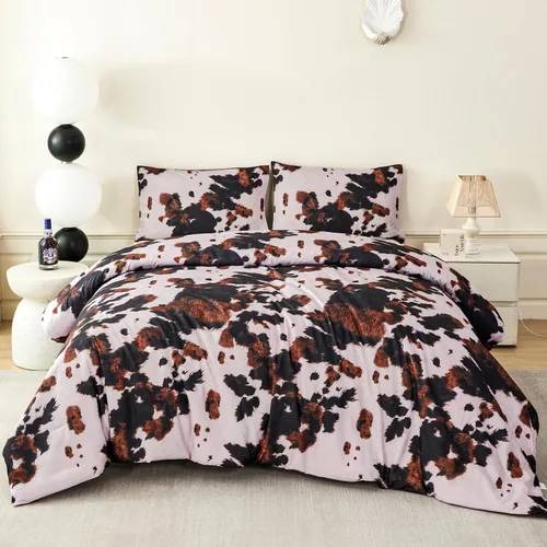 Vista 10 de PERFEMET Juego de ropa de cama con estampado de vaca marrón y beige, juego de edredón de 3 piezas de piel de vaca de dibujos animados para niños