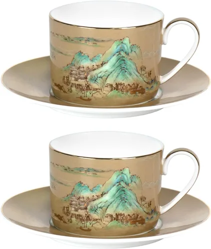 Vista 25 de KAMMAK Juego de 2 tazas de té y platillos, tazas de café de porcelana fina, tazas de café expreso apilables, demitasse de cerámica para café