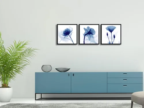 Vista 4 de Wieco Art – Flores abstractas azules enmarcadas, 3 paneles, impresiones en lienzo, arte de pared moderno, diseños artísticos para sala de estar