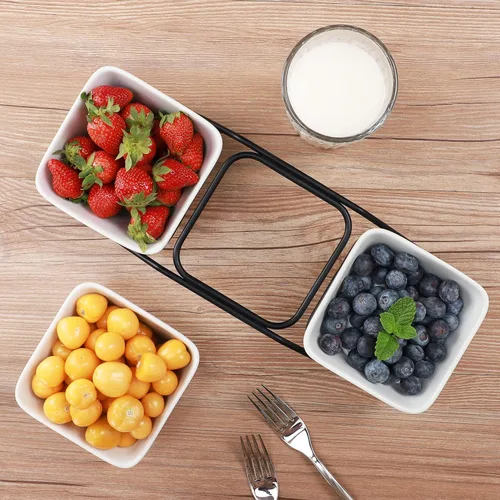 Vista 8 de Buyajuju Juego de 3 piezas de cuencos cuadrados de porcelana para chips y salsa con soporte de metal negro, cuencos pequeños de 4.5 pulgadas blancos