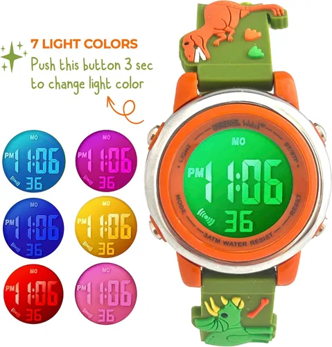 Vista 4 de Preschool Collection Reloj digital con luz para niños, camiones monstruo, dinosaurios, tiburón, unicornio, mariposa, araña, niñas, niños, escuela