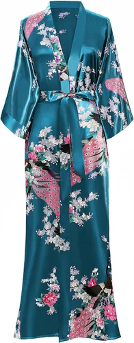 Vista 16 de BABEYOND Bata tipo kimono para mujer, bata larga de satén con estampado de pavo real y flores Verde
