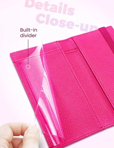 Vista 16 de Yarnic Funda para chequera personal, soporte para chequera con soporte para bolígrafo y divisor de plástico transparente integrado para cheques Rosa