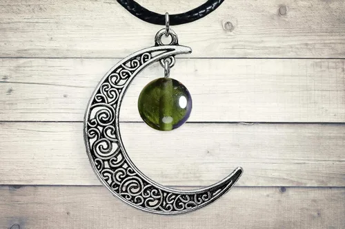 Vista 7 de Authentic Moldavite Bead on Moon- Bronze-Copper-Silver-Gunmetal, Black,-Antique Brass,-Gold-Rose Gold Celtic Crescent Moon Pendant 10MM Bead