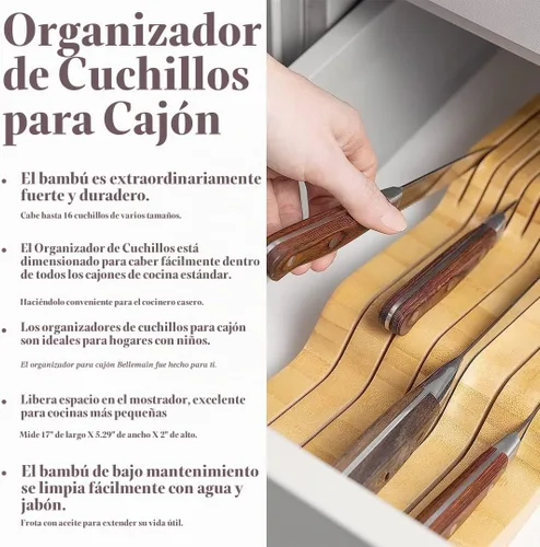 Vista 4 de Bellemain organizador de cuchillos para cajón 100% puro bambú Fits most standard kitchen drawers, allowing the in drawer knife block to free