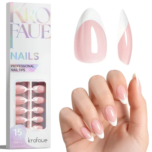 Vista 15 de Krofaue Uñas postizas con punta francesa: uñas cuadradas cortas a presión Puntas de uñas cuadradas francesas mate