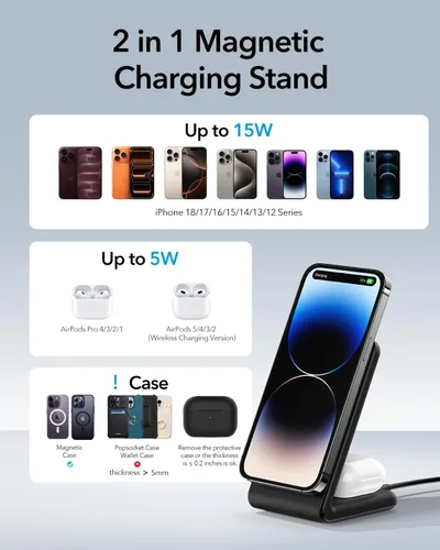 Vista 6 de Soporte de cargador 2 en 1 compatible con MagSafe con bloque de cargador PD 20W USB-C y cable, cargador inalámbrico de carga rápida diseñado