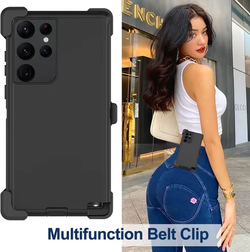 Vista 6 de Funda para Samsung Galaxy S22 Ultra con funda de clip para cinturón, 2 protectores de pantalla, protección de grado militar resistente, cuerpo Negro