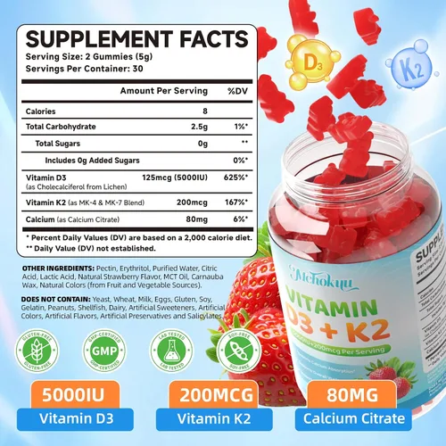 Vista 2 de Vitamin D3 K2 Gummies 5000IU Sugar Free Supplement, 60 Count