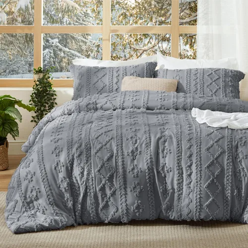 Vista 10 de Bedsure Juego de edredón bohemio copetudo, tamaño individual, juego de cama bohemio azul pizarra, GentleSoft™ 2 piezas de ropa de cama bordada