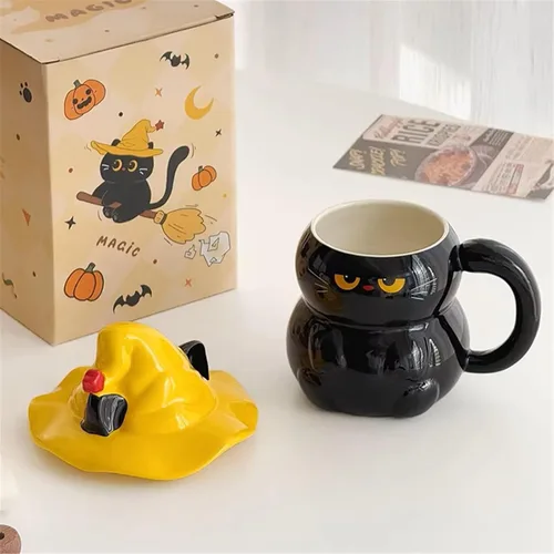 Vista 5 de Taza de café de cerámica, diseño de gato negro, hecho a mano, con sombrero de mago, tapa, asa, oficina, hogar, chocolate caliente con leche, regalos