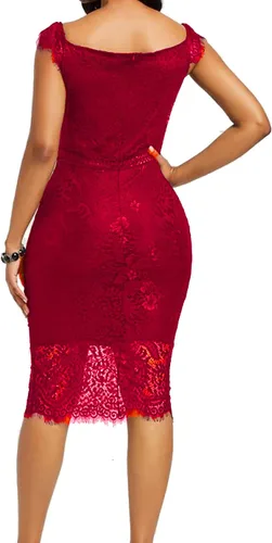 Vista 2 de Women's Elegant Floral Lace Round Neck Short Sleeves Knee Length Bodycon Cocktail Lace Dress