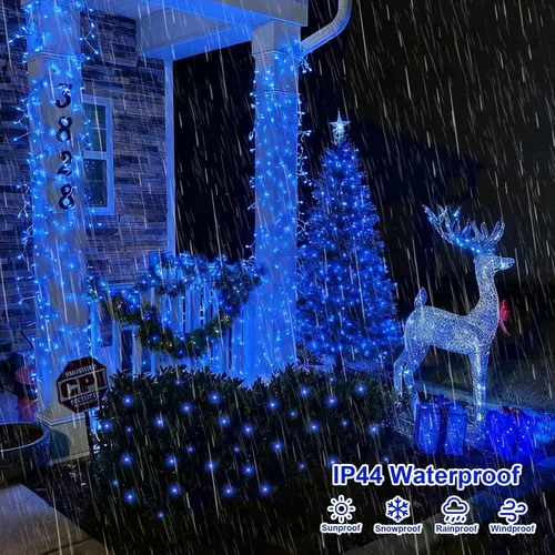 Vista 6 de Guirnalda de 1000 luces LED azules, luces de Navidad de 328 pies para exteriores, impermeables, con enchufe, alambre transparente, luces de árbol
