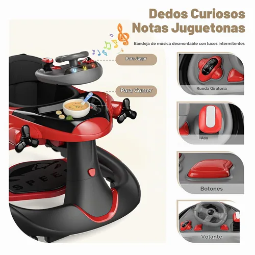 Vista 3 de TODEFULL Andador de bebé 6 en 1 con ruedas, altura de 3 niveles, caja de Rojo + negro