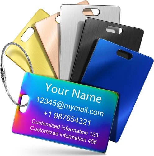 Vista 9 de Etiquetas de equipaje personalizadas para maletas y mochilas, etiquetas de nombre personalizadas de metal de acero inoxidable para niños, mujeres