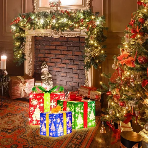 Vista 2 de LAMPHOME Juego de 3 Cajas de Regalo Iluminadas con 70 LED de Navidad, Luces Blancas Cálidas con Intermitente, Cajas Decorativas para Sendero, Adorno