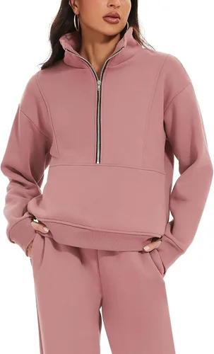 Vista 2 de PEHMEA Conjunto deportivo de 2 piezas de otoño para mujer, con forro polar, holgado, manga larga, media cremallera, cómodo conjunto de descanso