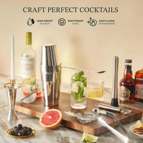 Vista 3 de KITESSENSU Boston Shaker Set Mixology Bartender Kit Kit de coctelera premium con soporte Accesorios profesionales para herramientas de bar