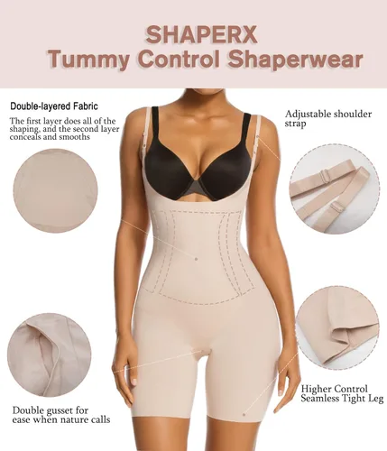 Vista 4 de SHAPERX Fajas moldeadoras con control de abdomen para mujer sin costuras busto abierto pantalones cortos moldeadores de cuerpo a medio muslo