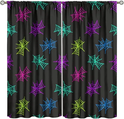 Vista 12 de Cortinas opacas de tela de araña aterradora para niños, tela de araña en blanco y negro, fondo rojo, dormitorio de niños, guardería, decoración