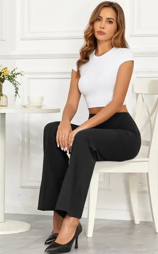 Vista 3 de Agenlulu Pantalones de vestir de pierna ancha para mujer, elásticos, de cintura alta, rectos, de negocios, casual, para oficina, trabajo
