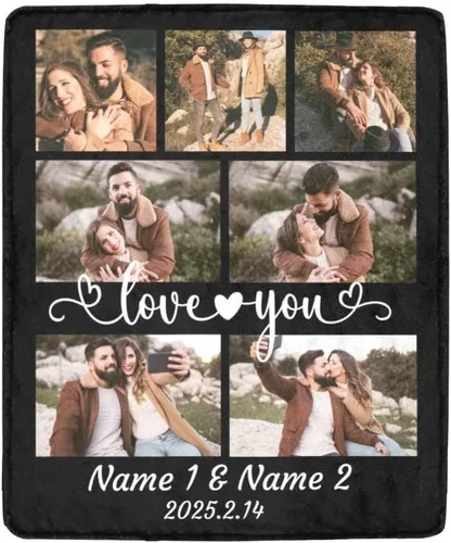 Vista 2 de HUGLAZY Manta personalizada para amantes con texto fotográfico, manta de collage de imágenes personalizada para regalo del día de San Valentín