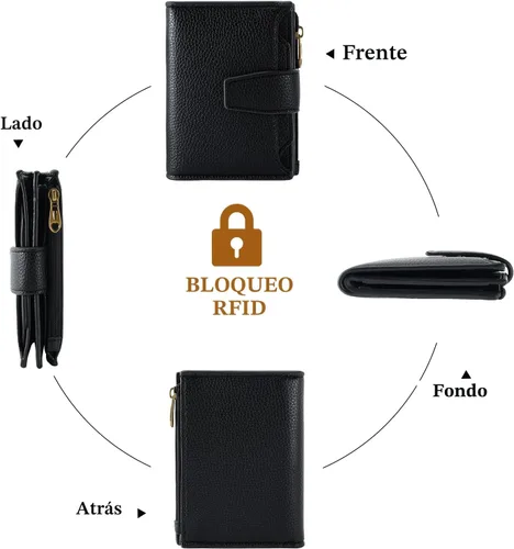 Vista 4 de Airkit Cartera para mujer, pequeña cartera de cuero para mujer, plegable, compacta, con bloqueo RFID, tarjetero de crédito, mini bolso de viaje