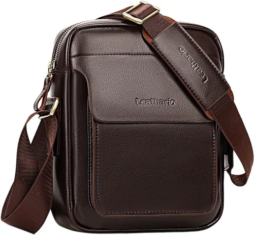 Vista 8 de Leathario Bolso bandolera para hombre, de cuero vegano, bolso de mensajero para el trabajo, negocios, viajes