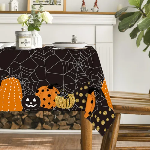 Vista 4 de Horaldaily Mantel rectangular de Halloween de 52 x 70 pulgadas, diseño de telaraña de calabaza con temática de miedo, color negro, lavable