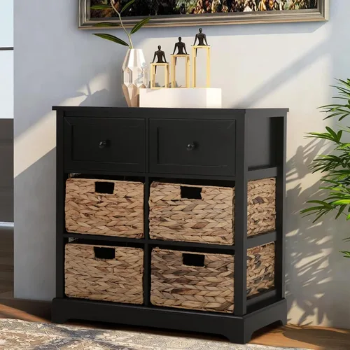 Vista 8 de PHI VILLA Black Accent Cabinet with Rattan Basket, Storage Buffet Cabinet Black Storage Cabinet with Baskets, Small Accent Cabinet with Drawers