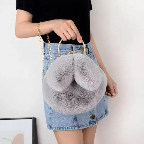 Vista 5 de Lindo bolso de peluche para mujer, bolso cruzado de conejo, bolso de mano pequeño, bolso peludo esponjoso, bolso kawaii, bolso de conejo