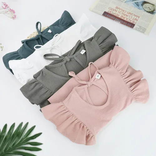 Vista 5 de Vestido para niña bebé de verano de algodón y lino con volantes, halter, sin mangas, para niños, vestidos casuales de playa y fiesta, de 1 a 6 años