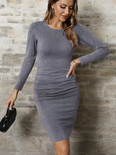 Vista 6 de Missufe - Vestido casual ajustado de manga larga para mujer, fruncido, vestido de verano, hasta la rodilla, ajustado, tipo bodycon