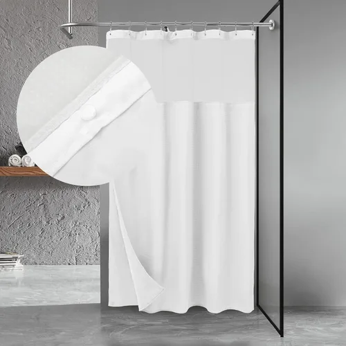 Vista 26 de N&Y HOME - Juego de cortina de ducha de punto gofre, forro de tela a presión y ganchos, para ducha pequeña, estilo hotel, ventana superior de malla