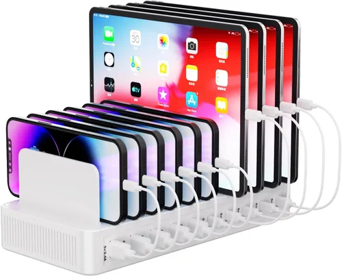 Vista 8 de Estación de carga de 60 W para múltiples dispositivos, estación de carga rápida USB de 10 puertos con divisores ajustables, base de carga